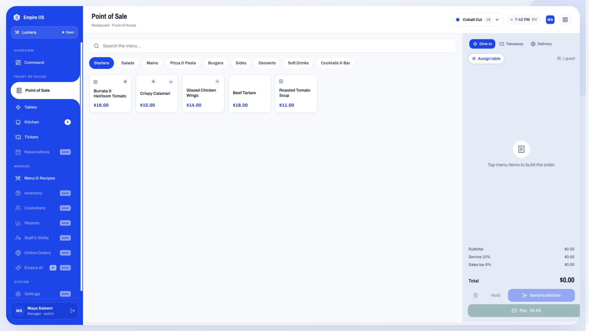 The Point of Sale screen with a menu search, an order being built, and modifier choices on the selected item.