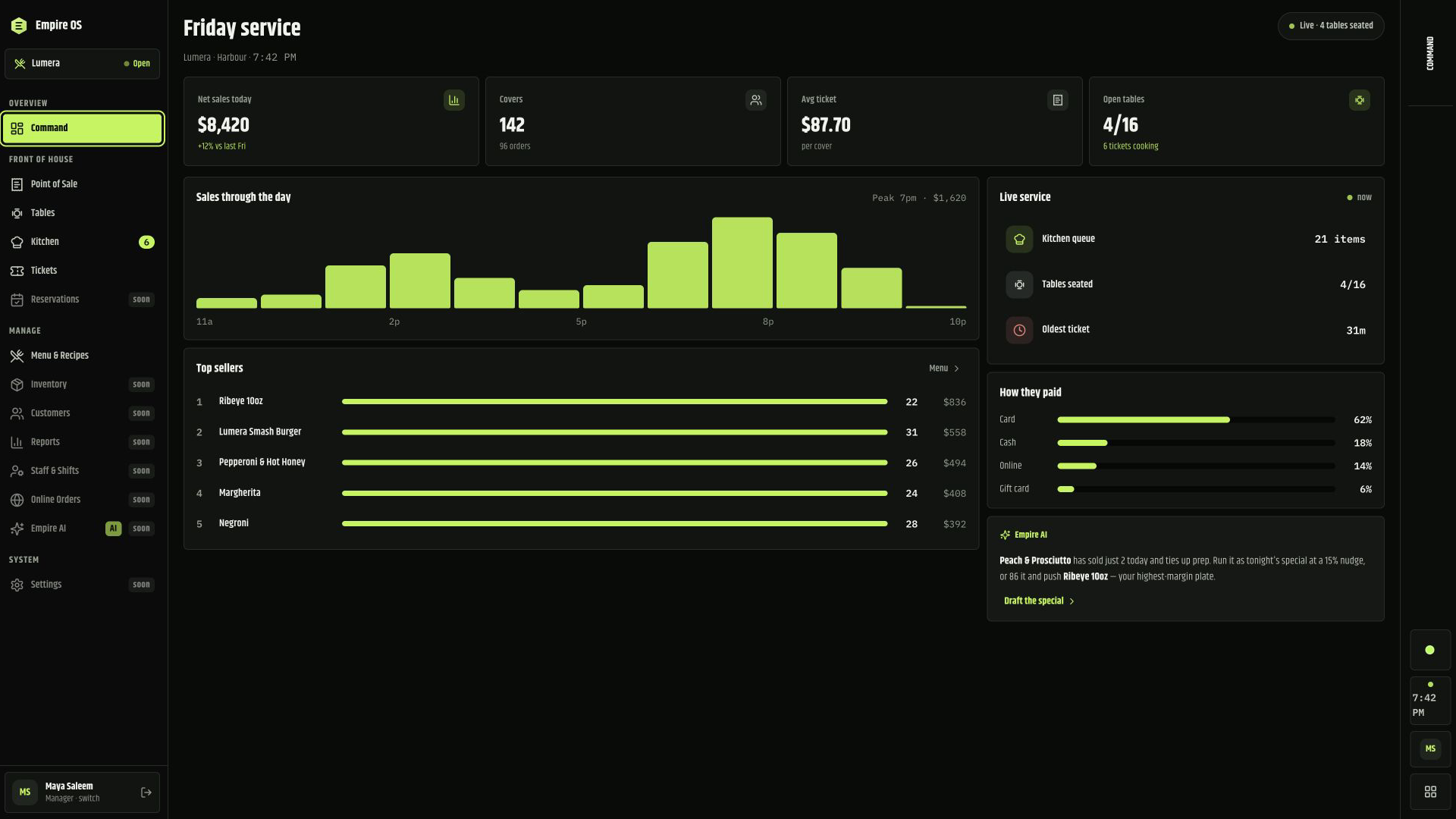 The Command screen in the Nightshift interface system.
